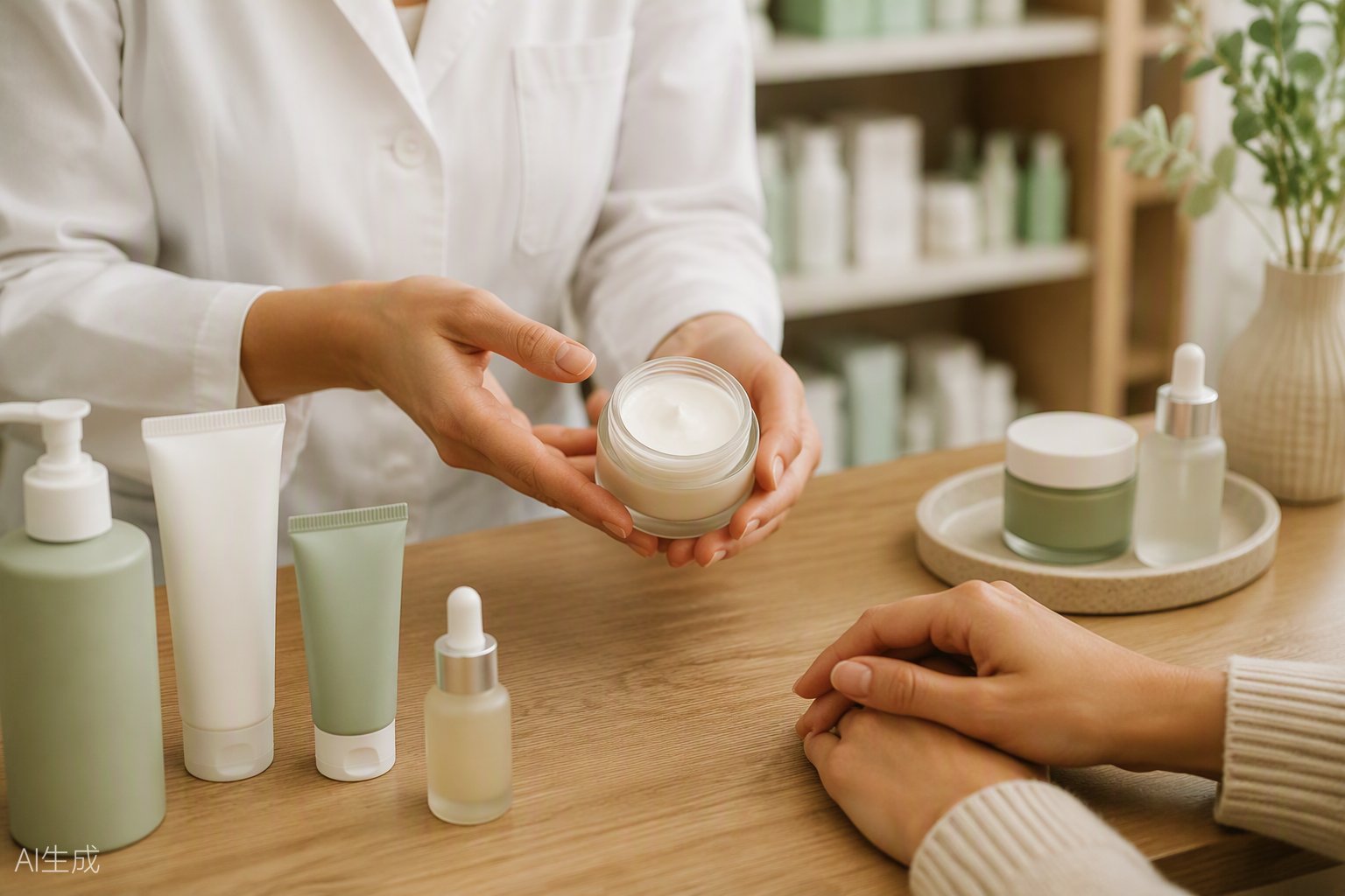 Farmacéutica asesorando a una clienta sobre una crema facial — asesoramiento dermocosmético en Linares