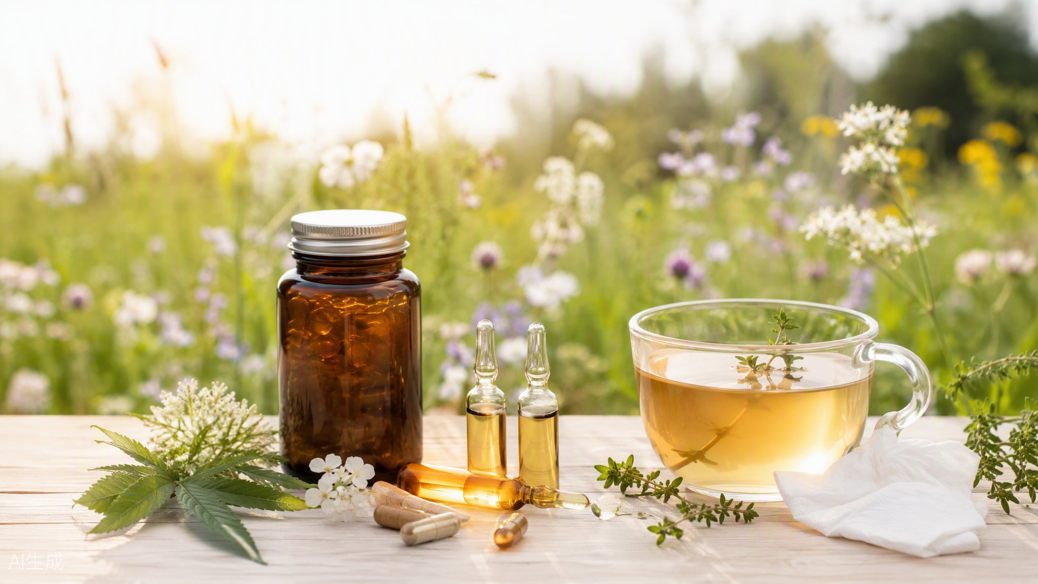 Suplementos naturales e infusión en un prado de primavera — defensas y alergias