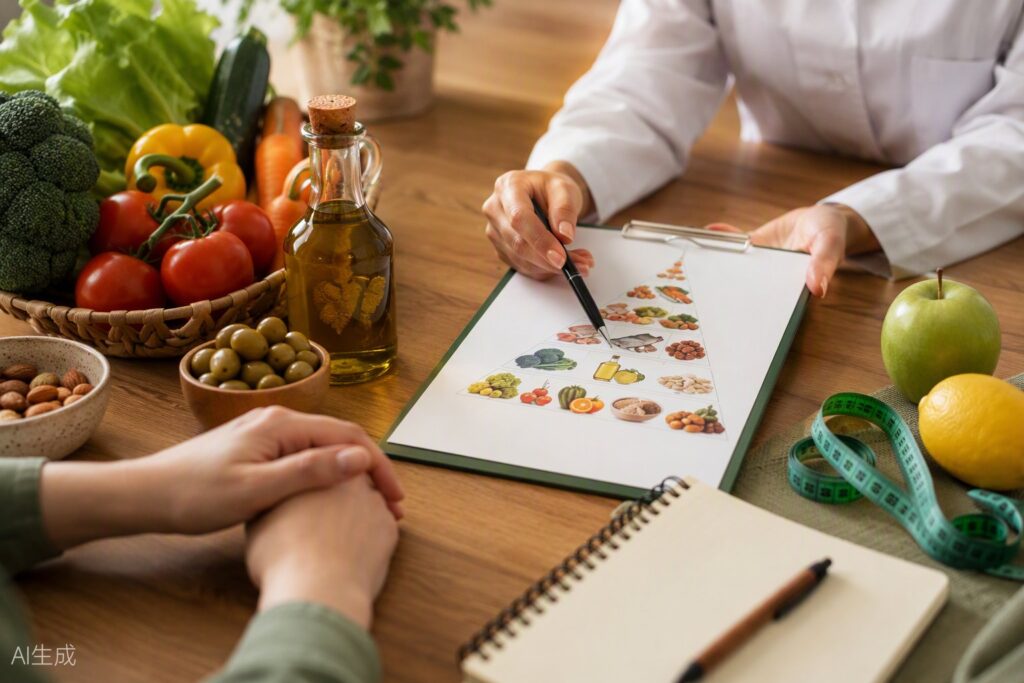 Dietista explicando un plan de alimentación mediterráneo — nutrición y dietética en Linares