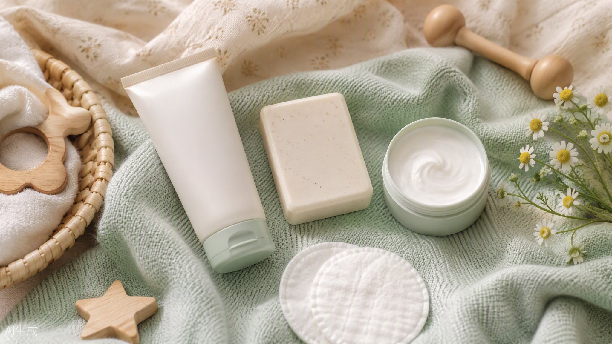 Productos de higiene del bebé sobre manta verde — cuidado de la piel infantil