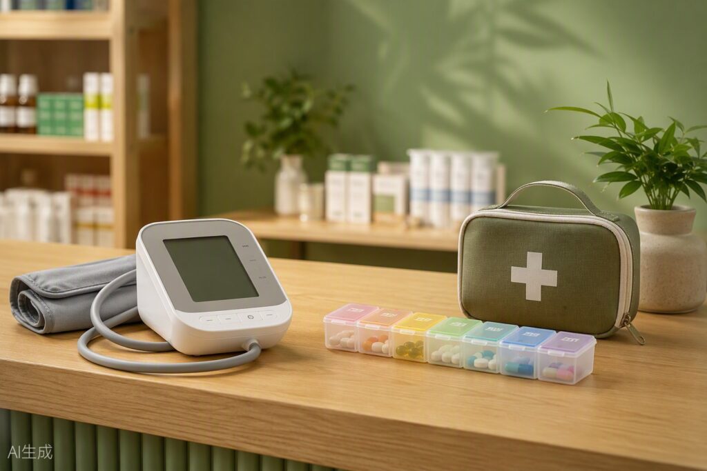 Tensiómetro, pastillero semanal y botiquín — seguimiento de salud en parafarmacia Linares