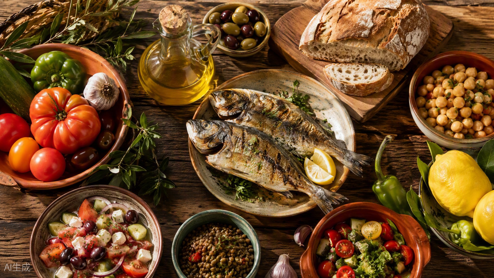 Mesa mediterránea con aceite de oliva, pescado y verduras — dieta mediterránea